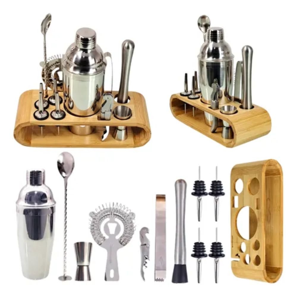 Kit Bartender Woodline com Coqueteleira Aço Inox 550ml com Suporte de Bambu para Drinks Cocktails Ca