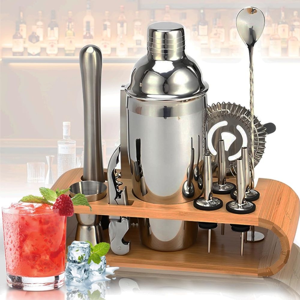 Kit Bartender Woodline com Coqueteleira Aço Inox 550ml com Suporte de Bambu para Drinks Cocktails Ca