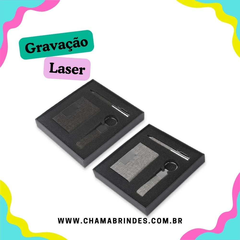 Kit Escritório Porta Cartão, Chaveiro e Caneta Metálica